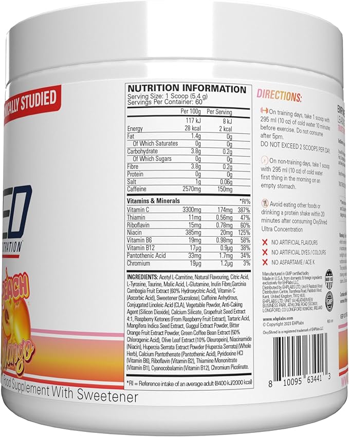 EHP Labs OxyShred Pre Workout Powder - Preworkout Powder with L Glutamine & Acetyl L Carnitine, Energy Boost Drink - Peach Mango, 60 Servings-StrideForce Fitness