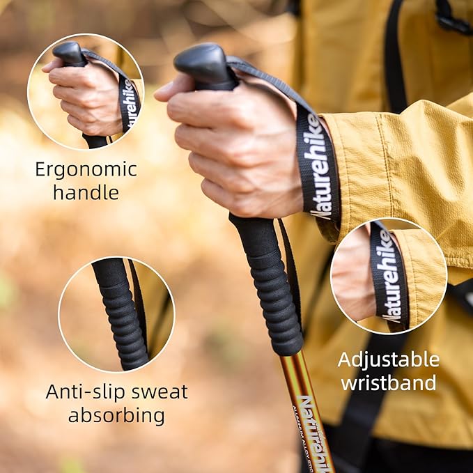 Naturehike Collapsible Trekking Poles, Adjustable Lightweight Aluminum Hiking Poles, Shock Absorption with Wrist Straps for Hiking and Daily Use, Yelllow/Green (Set of 2)-StrideForce Fitness