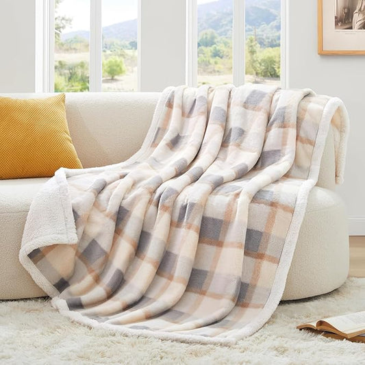 PU MEI Super Soft Faux Rabbit Fur Sherpa Fleece Throw Blanket, Reversible Luxury Cozy Cute Furry Blanket, Plush Warm Shaggy Fluffy Checkered Blankets for Sofa Couch Bed (Grey-Plaid, 80" x 90")-StrideForce Fitness