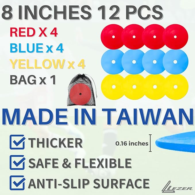 LEZER 6 Inch 8 Inch Flat Cones, Spot Markers, Soccer Cones, Field Court Markers, Sit Spots, Flat Discs, Soccer Training Equipment, Agility Practice, Football, Made in Taiwan-StrideForce Fitness
