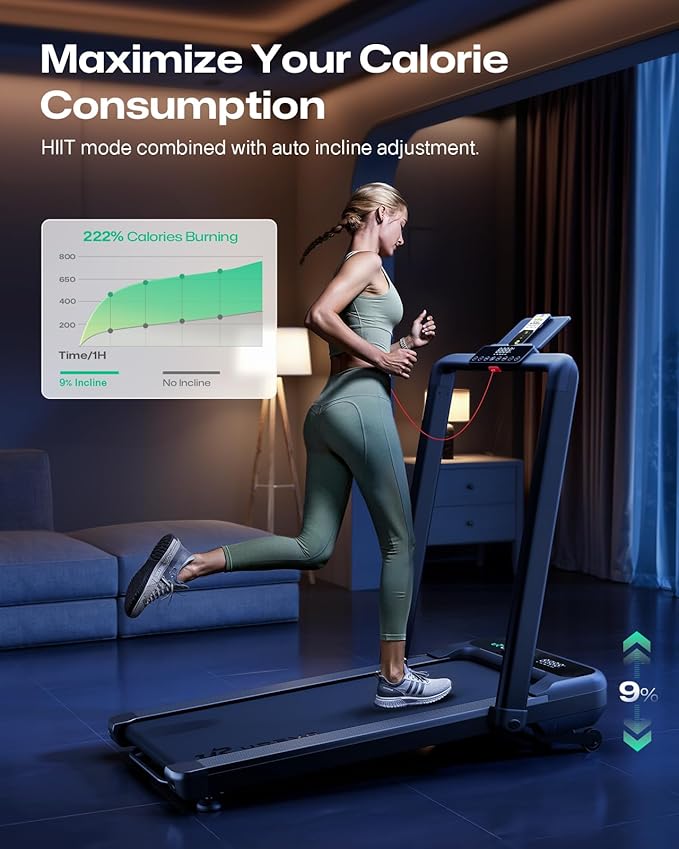 Smart Treadmill with 9% Auto Incline, Hiking and Running Walking Pad Treadmills for Home Office, Treadmill with UREVO APP, AI Powered Music Course, HIIT Programs Synced to Scenic Route, One-Click Mute-StrideForce Fitness