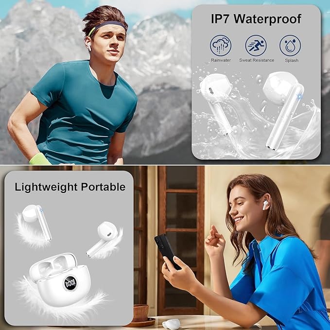 Wireless Earbuds, 2025 Bluetooth 5.3 Headphones HiFi Stereo Ear buds with ENC Noise Cancelling Mics, 40H Bluetooth Earbuds with Dual LED Display, IP7 Waterproof in Ear Earphones for Android iOS, White-StrideForce Fitness