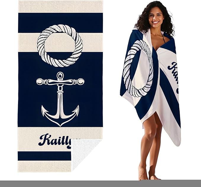 JML Personalized Beach Towel with Name, Custom Anchor Beach Towel, Customized Microfiber Pool Towel, Quick Dry & Absorbent Swim Towel for Adult,Mother's Day, Birthday, Summer Holiday,Vacation-StrideForce Fitness