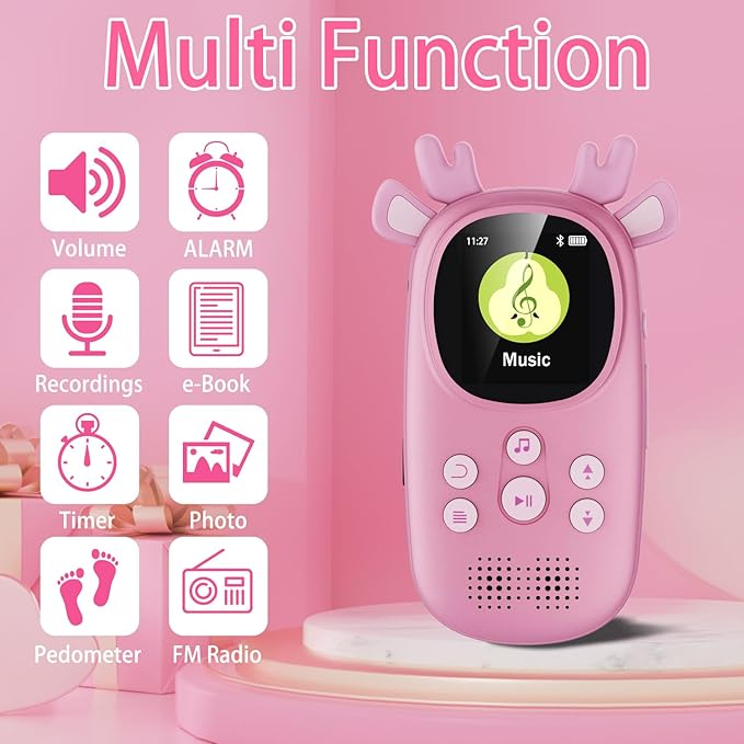 32GB MP3 Players for Kids, Cute Reindeer Portable Music Bluetooth Kid MP3 Player, Child MP3 Player with Bluetooth 5.3,Speaker, FM Radio, Alarm Clock, Voice Recorder, Stopwatch (Support up to 128GB)-StrideForce Fitness