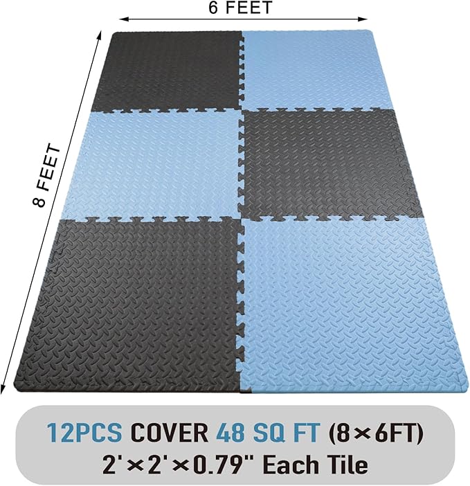 AIRHOP Upgraded 0.79" Extra Thick 48 Sq Ft High-Density Eva Foam Exercise Gym Mats, 12 Pcs Large Interlocking Puzzle Floor Tiles (24"x24") for Home Gym, Black&Blue-StrideForce Fitness