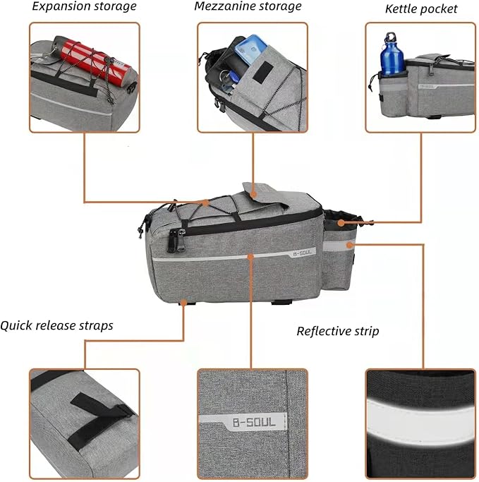 ZTZ Bike Rack Bag, Bicycle Rear Rack Storage Luggage, 8L Insulated Trunk Bag, Waterproof with Reflective Stripes (Black)-StrideForce Fitness