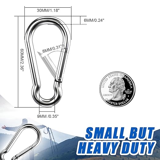 Small Carabiner Clip Hooks, 25pcs 2.36 inch Carabiners Heavy Duty, 304 Stainless Steel Spring Snap Hook Fits Camping Hiking, Metal Clips for Rope Chain Keys Rings-StrideForce Fitness