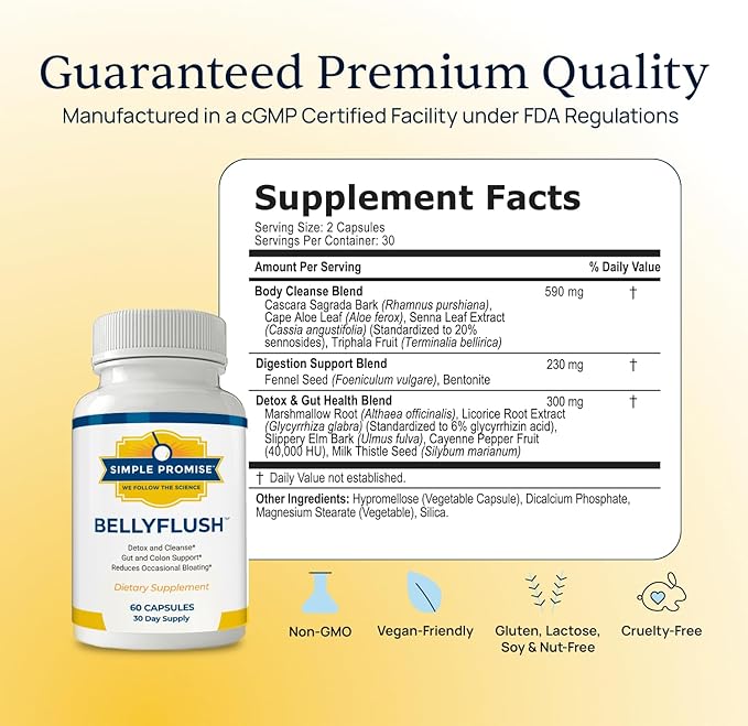 Simple Promise BellyFlush - Gentle Colon & Gut Cleanse Supplement for Comfort with Milk Thistle & Bentonite Clay - Supports Debloat, Digestive Cleanse & Flushing - 60 Capsules-StrideForce Fitness