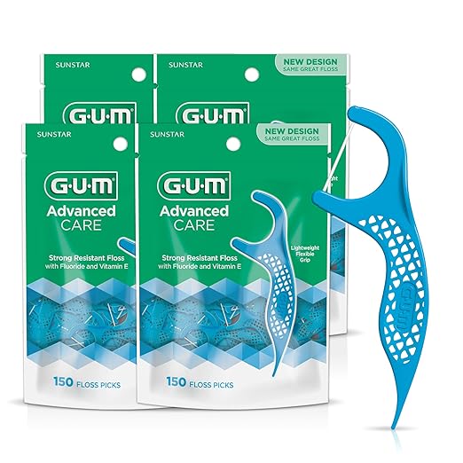 GUM Advanced Care Floss Picks - Dental Flossers for Adults with Vitamin E and Fluoride - Extra Strong Shred-Resistant Dental Floss, Easy Grip Handle, Fresh Mint Flavor, 150 Count (Pack of 4)