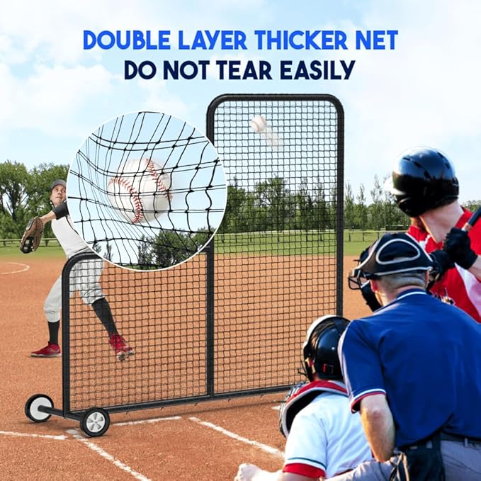 Yes4All Portable L-Screen Baseball 7x7ft with 2 Baseballs, Rubber Wheels - L Screen Baseball for Batting Cage, Protective Pitching Screen Net Double Layers, Carry Bag Included-StrideForce Fitness