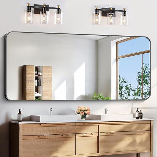 FORBATH Large Bathroom Mirror 72x30 Inches, Black Oversized Wall Mirror for 2 Sinks Aluminum Frame Wall Mounted Rounded Corner Morndern Mirror for Bathroom Bedroom Entryway Living Room-StrideForce Fitness