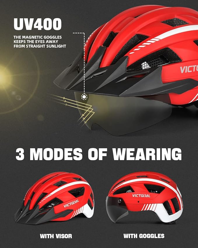 VICTGOAL Bike Helmet for Men Women with Led Light Detachable Magnetic Goggles Removable Sun Visor Mountain & Road Bicycle Helmets Adjustable Size Adult Cycling Helmets-StrideForce Fitness