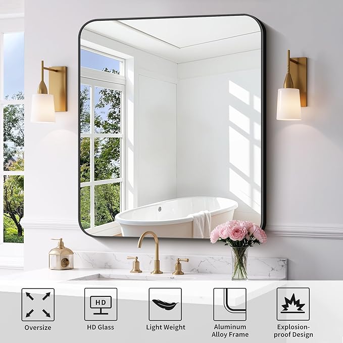 FORBATH Bathroom Mirror 30" x 36", Rectangle Black Bathroom Mirror with Black Aluminum Frame Rounded Corner, Wall Mounted Mirror for Bedroom Entryway Living Room-StrideForce Fitness