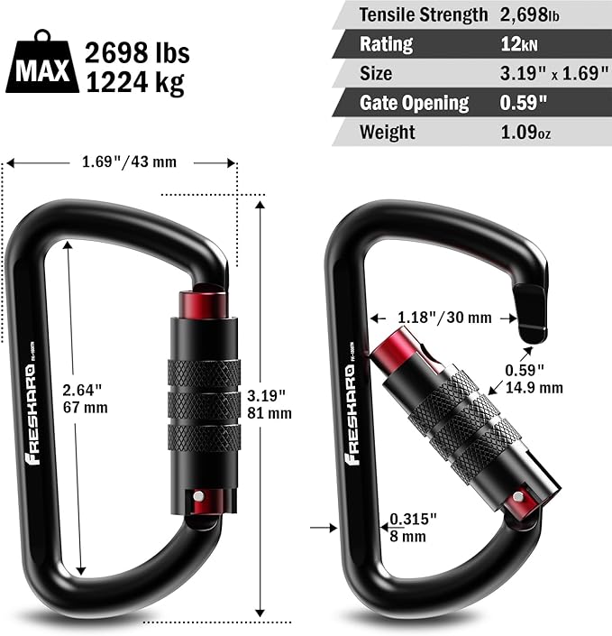FresKaro 3inch 12kN-2698lbs Auto Locking Carabiner Clips, Solid D Shape, Heavy Duty 7075 Aluminum, Lightweight 1.09oz, Rust Proof, for Hammock, Hiking, Dog Leash, Keychain etc., Multi-Colors-StrideForce Fitness