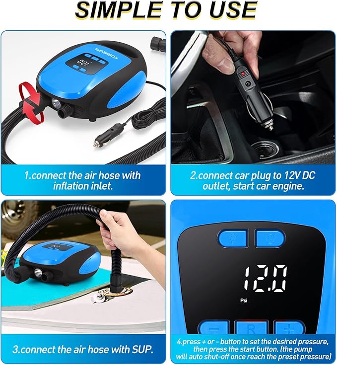 Paddle Board Pump Electric Portable, SUP Pump for Paddleboard, 20PSI Air Compressor with Auto-Off, Deflation Function and 12V DC Car Connector for Inflatables, Kayaks and Boats-StrideForce Fitness