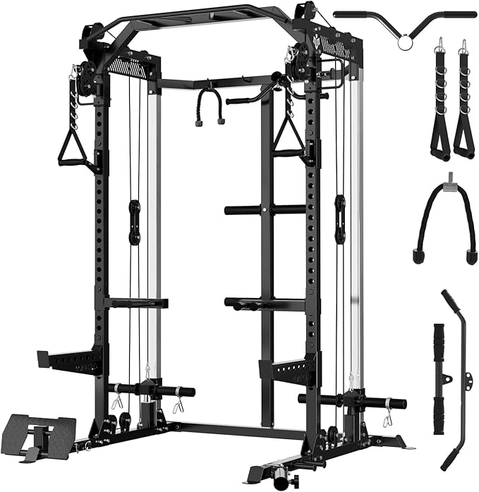 Mikolo Power Cage, 2000LB Power Rack with Independent Dual Pulley System, Multi-Function Home Gym Workout Machine for Cable Crossover-StrideForce Fitness