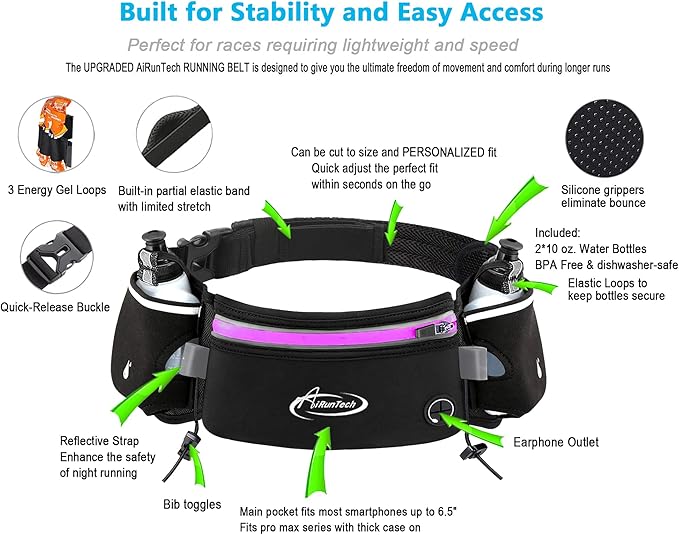 AiRunTech Hydration Running Belt with Water Bottle, Running Fanny Pack for Phone and Wallet Holder, Running Bag Runners Essentials Accessories Marathon Triathlon Walking Jogging Gear Gift-StrideForce Fitness