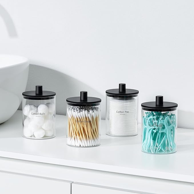 TIPGO Glass Qtip Holder Dispenser - 10 oz Clear Canister Apothecary Jar, Bathroom Vanity Storage Organizer Set for Cotton Swabs, Pads, Floss Picks, Small Containers for Makeup Storage (4 Pack, Black)