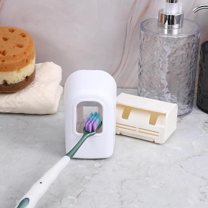 2 Slots Wall Mount Toothbrush Holder with Cover, Self Adhesive Toothbrush Storage Organizer for Shower Waterproof and Dustproof, with Automatic Toothpaste Squeezer Dispenser for Family & Travel