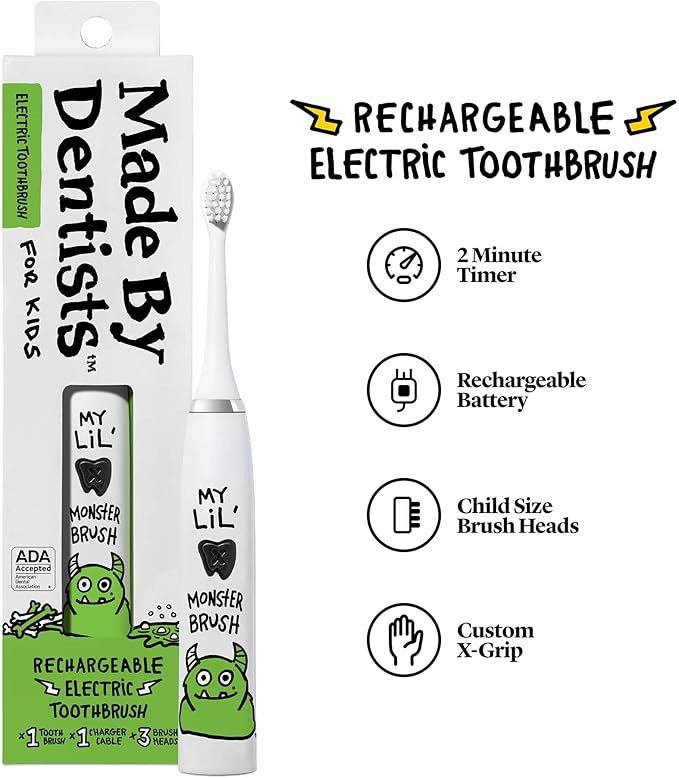 Made by Dentists Kids Electric Toothbrush - Rechargeable Vibrating Toothbrush with Timer, Includes 6 Replacement Heads, Halloween Gifts for Kids, Girls and Boys, Kid & Toddlers Age 2+, Monster