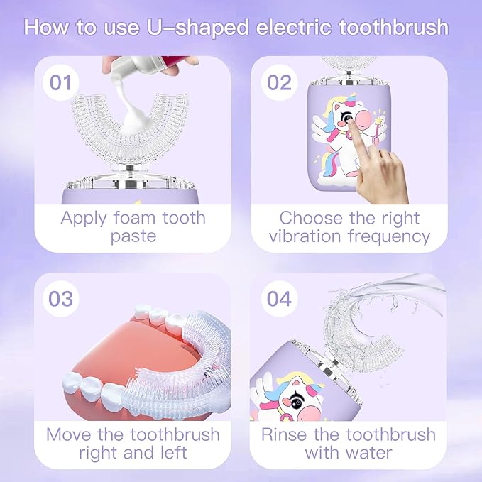 Kids Electric U Shaped Toothbrush Unicorn Rechargeable Sonic Toothbrush with 4 Soft Brush Heads with Kid Toothpaste IPX7 Waterproof - (Age 8-15, Purple)