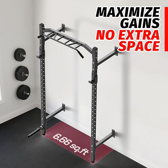 1600LB Wall Mounted Power Rack, Commercial Squat Rack for Home Gym with Multi-Grip Pull Up Bar, j-Cups & Landmine Attachment for Home and Garage Gym-StrideForce Fitness