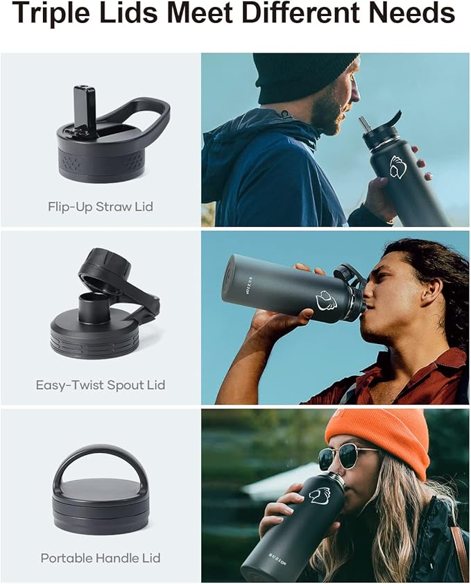 BUZIO 40 oz Water Bottle Insulated with Straw & 3 lid and Carrying Pouch, Leak Proof Anti-Slip Stainless Steel Water Flask Jug, Cold for 48 Hrs Double Vacuum Thermo Canteen, BPA-Free, Shadow-StrideForce Fitness