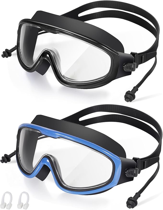 Adult Swimming Goggles,Leak-Proof,Anti-Fog Pool Glasses,Wide View Swim Goggles with Ear Plugs and Nose Clip-StrideForce Fitness