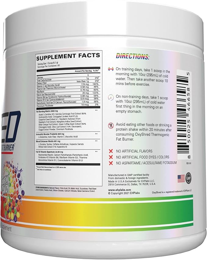 EHP Labs OxyShred Pre Workout Powder - Preworkout Powder with L Glutamine & Acetyl L Carnitine, Energy Boost Drink - Rainbow Candy, 60 Servings-StrideForce Fitness