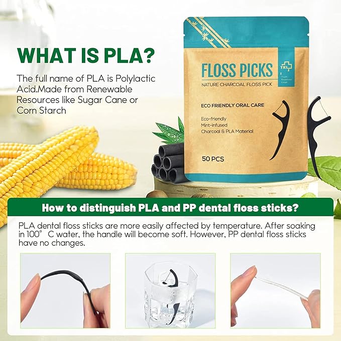 Y-Kelin Natural Dental Floss Picks - Vegan, Eco Friendly Black Bamboo Charcoal Dental Teeth Stick Tooth Pick Toothpick Flosser for Oral Care with a Fresh Feel Minty Flavor (200 Pcs)