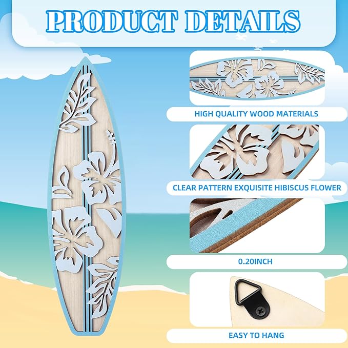 RattanView 3 Pieces Hibiscus Surfboard Decor for Bedroom Wooden Beach Wall Decor Summer Wood Surfboard Wall Hanging Sign for Tropical Living Room Decoration(Yellow, Blue, Pink)-StrideForce Fitness