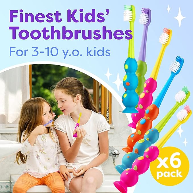 Trueocity Kids Toothbrush 6 Pack - Soft Contoured Bristles - Child Sized Brush Heads (3-10 Year Old) - Suction Cup for Fun & Easy Storage - Girl & Boy Set (6-Pack, Multi-Color)