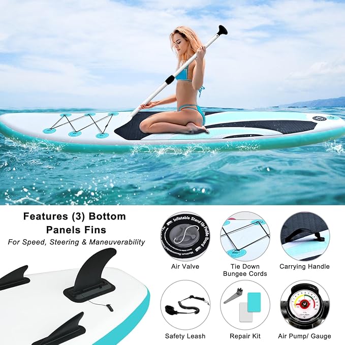 Inflatable Stand Up Paddle Board 10‘x30‘‘- Ultra-Light SUP with Backpack, Pump, Paddle, Coil Leash, 3 Fins, Repair Kit, Stable Design, Non-Slip EVA Deck for Adults & Youth-StrideForce Fitness