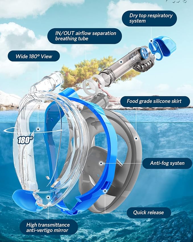 QingSong Full Face Snorkel Mask for Adults, Snorkeling Gear with Camera Mount, 180 Degree Panoramic View Snorkel Set Anti-Fog Anti-Leak-StrideForce Fitness