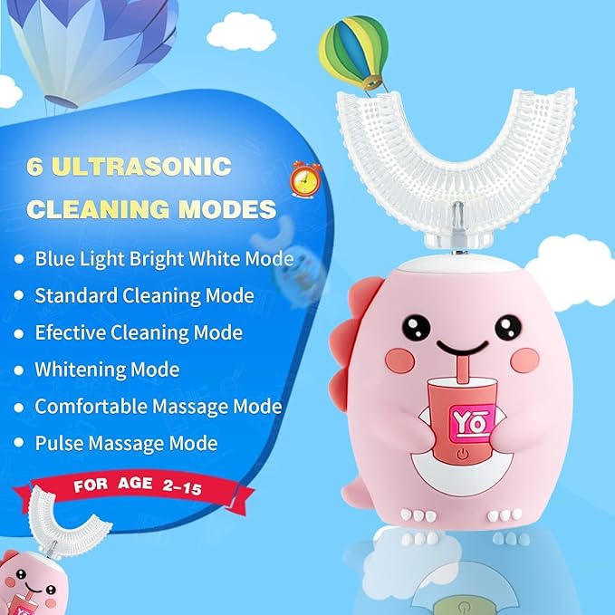 Kids U Shaped Electric Toothbrush，auto Sonic Baby Toothbrush，Cartoon Dinosaur 360-Degree Cleaning IPX7 Waterproof Design(8-15y, Pink)