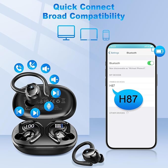 Wireless Earbuds Sport, 2025 Bluetooth 5.4 Headphones with Earhooks, 50H Stereo Deep Bass Over Ear Buds with 4 ENC Noise Canceling Mics, IP7 Waterproof Earphones for Running Workout Gym -Black-StrideForce Fitness
