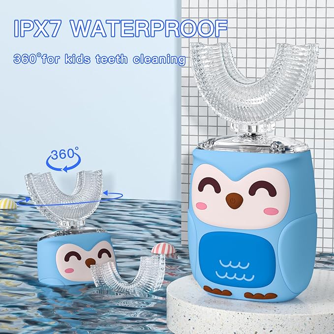 Kids Electric U Shaped Toothbrush Kids Sonic Toothbrush with 4 Soft Brush Head Automatic Full Mouth 6 Cleaning Mode-(Age8-15 Blue)