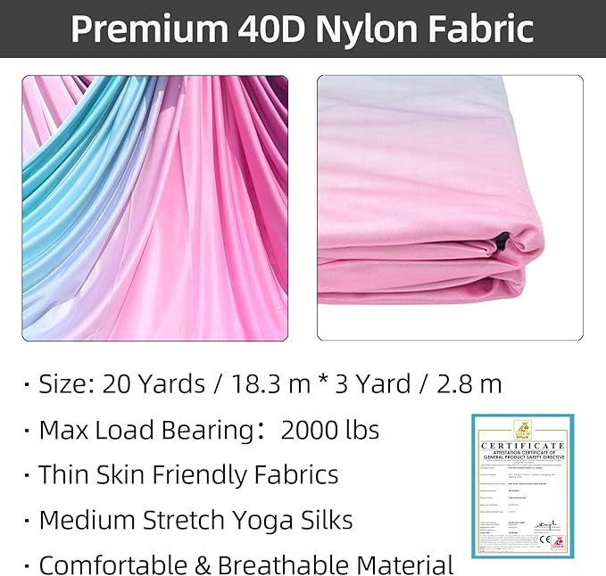 PRIOR FITNESS Aerial Silks Kit Colorful 9/15/20 Yards 40D Nylon Fabric Hammock Set With Hardware & Guide for All Levels Of Aerial Yoga Practice and Acrobatic Flying For Adults Aerial silk-StrideForce Fitness