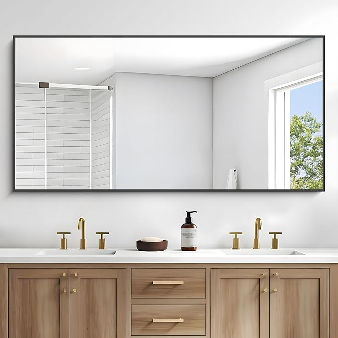 Black Bathroom Mirror for Wall, 72x36 Inch Rectangle Mirrors with Metal Frame, Modern Vanity Wall Mirror Decor for Entryway Hangs, Bathroom Living Room Horizontal or Vertical-StrideForce Fitness