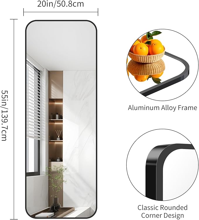 FORBATH Bathroom Mirror 20" x 55", Rectangle Black Bathroom Mirror with Black Aluminum Frame Rounded Corner, Wall Mounted Mirror for Bedroom Entryway Living Room-StrideForce Fitness