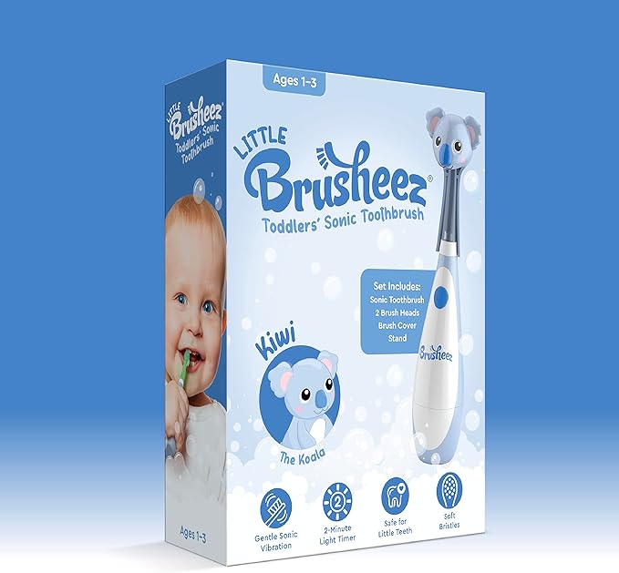 Brusheez Little Toddlers’ Sonic Toothbrush - Safe & Gentle Toothbrush for Ages 1-3 with Built-in, Light-Up 2-Minute Timer, Extra Brush Head, & Storage Base for First-Time Brushers (Kiwi The Koala)