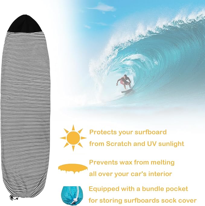 Surf Sock, Surfboard Sock Cover for Longboard Paddleboard Surf Board Sup Paddle Board, 6-8 FT Foot Quick Dry Stretch Surfboard Bag Sleeve with Drawstring Closure-StrideForce Fitness