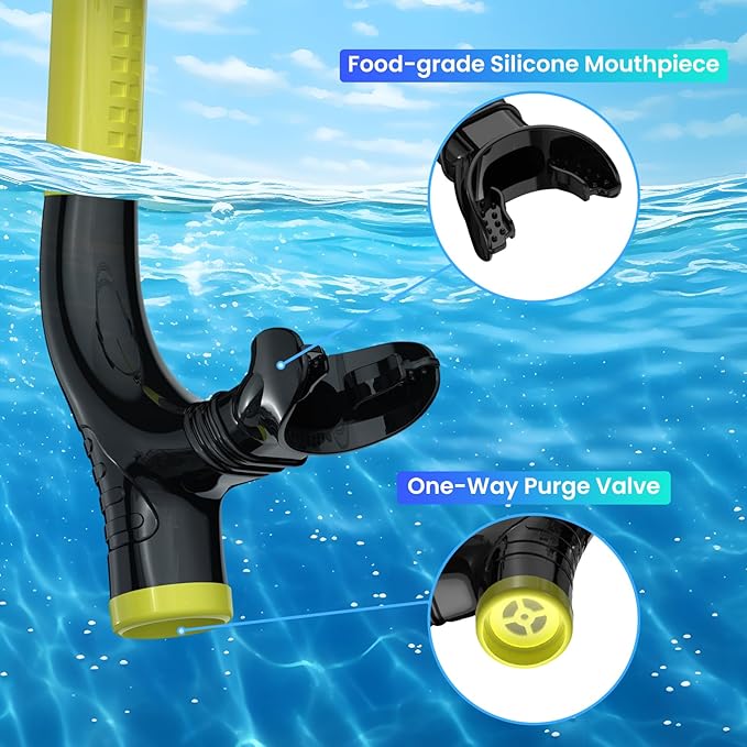 Swimmer's Snorkel for Lap Swimming, Adult Snorkeling Gear Swim Training, Center-Mount Silicone Mouthpiece One-Way Purge Valve in Pool and Open Water-StrideForce Fitness