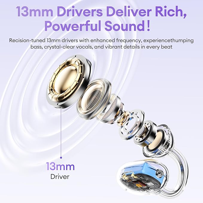 2 in 1 Clip on Open Ear Headphones Wireless Earbuds, 0 Delay Bluetooth 6.0, Ultra-Long 140H Play, Auto L-R Recognition Touch Control, Hybrid Noise Reduction for Work Fitness Daily Use, Ctbuds Purple-StrideForce Fitness