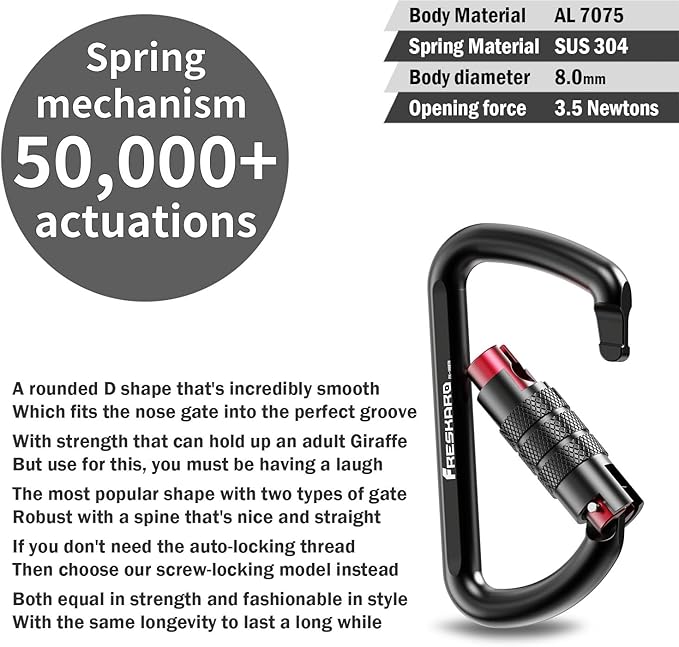 FresKaro 3inch 12kN-2698lbs Auto Locking Carabiner Clips, Solid D Shape, Heavy Duty 7075 Aluminum, Lightweight 1.09oz, Rust Proof, for Hammock, Hiking, Dog Leash, Keychain etc., Multi-Colors-StrideForce Fitness