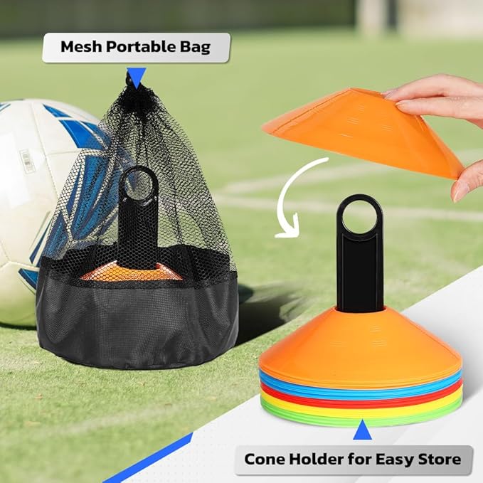 GHB Soccer Cones 25/50/100 Pack Disc Soccer Sport Cones Training Field Marker Agility Cones for Traffic, Basketball, Coaching, Practice Equipment Includes Cone Drills Guide-StrideForce Fitness