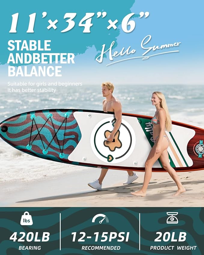 11'Stand Up Paddle Boards Surf Control with Premium SUP Board Accessories Backpack & Removable Fins, 34" Wide Inflatable Paddle Boards of All Skill Levels-StrideForce Fitness