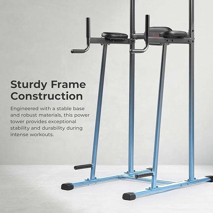 Sunny Health & Fitness Power Tower, Dip Bar, Push-Up & Pull Up Assisting Parallette Station w Optional Rock Climbing Grip Trainer-StrideForce Fitness
