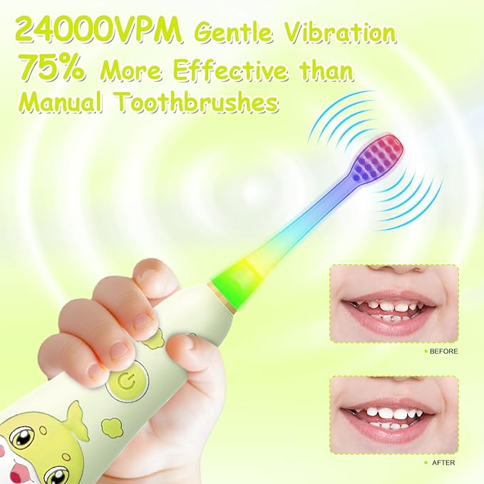 teeteck Electric Toothbrush for Kids - Toddler Electric Toothbrush with Magnetic Charging, Includes 2 Brush Heads, Magnetic USB Charging Cable for Ages 1-6 Boys Girls (Yellow