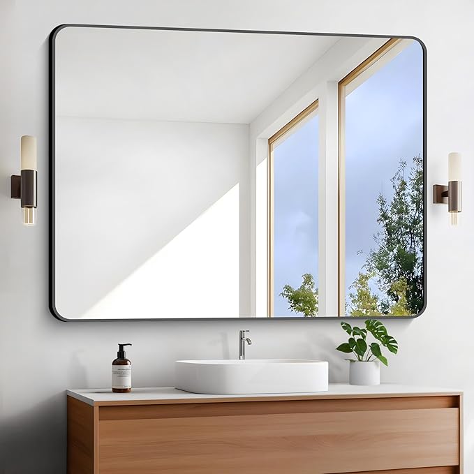 FORBATH Large Bathroom Mirror 48 x 36 Inches，Black Large Wall Mirror Aluminum Frame Wall Mounted Rounded Corner Morndern Mirror for Bathroom Bedroom Entryway Living Room-StrideForce Fitness